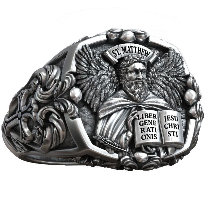 SheCrown 18g Saint Matthew Apostle &amp Evangelist Christian Cross Signet 925 Silver Ring – Sacred Script Real 925 Solid Sterling Silver Rings Many Sizes 6-13
