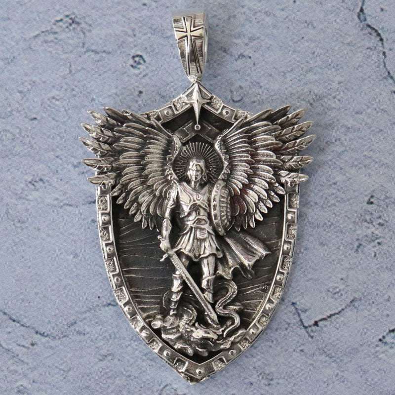 SheCrown 13g saint archangel michael pendant serpent shield wings sword Pendant 925 Solid Sterling Silver Pendant