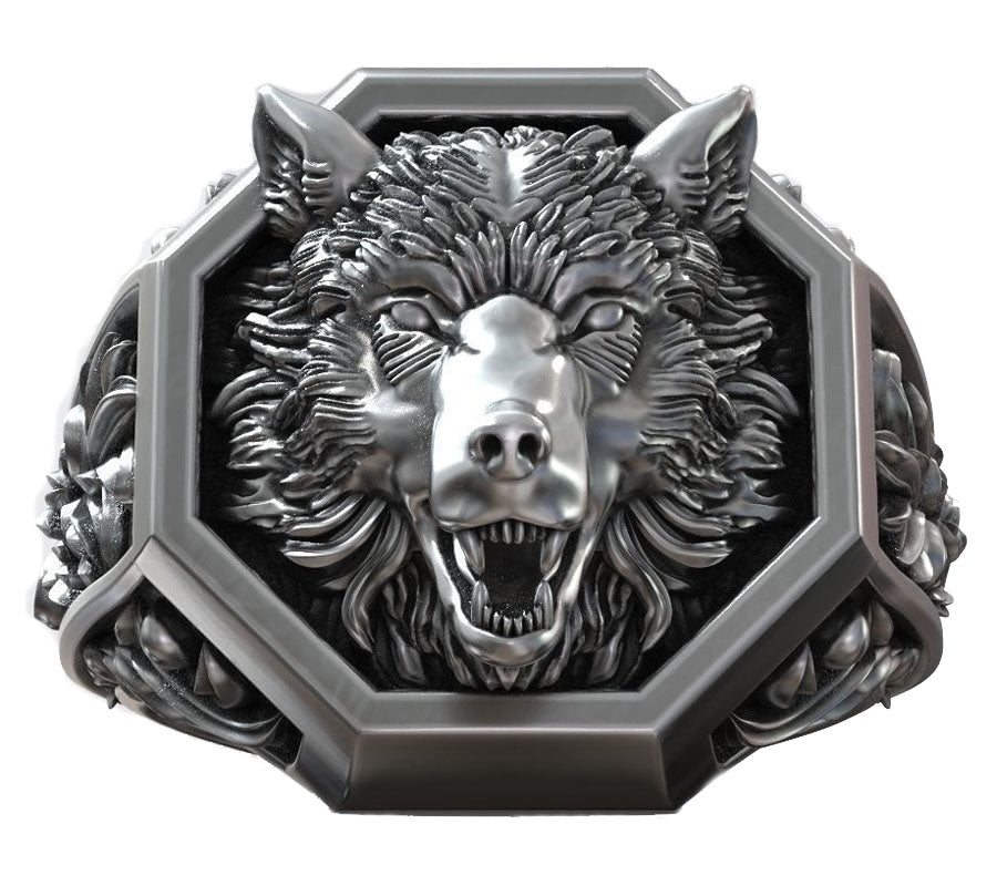 SheCrown 3D Wolf Head Signet Pattern Men Rings Real 925 Solid Sterling Silver Rings Many Sizes 7-14