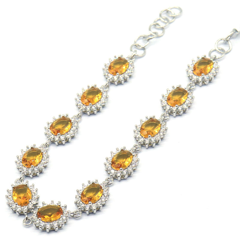 SheCrown 15g Golden Citrine Green Peridot Aquamarine Smokey Topaz Women Silver Bracelet Length Size 8-9inch
