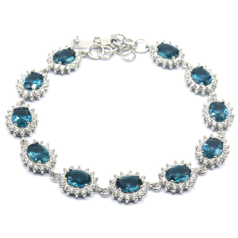 SheCrown 15g Tanzanite London Blue Topaz Kunzite White CZ Women Silver Bracelet Length Size 8-9inch