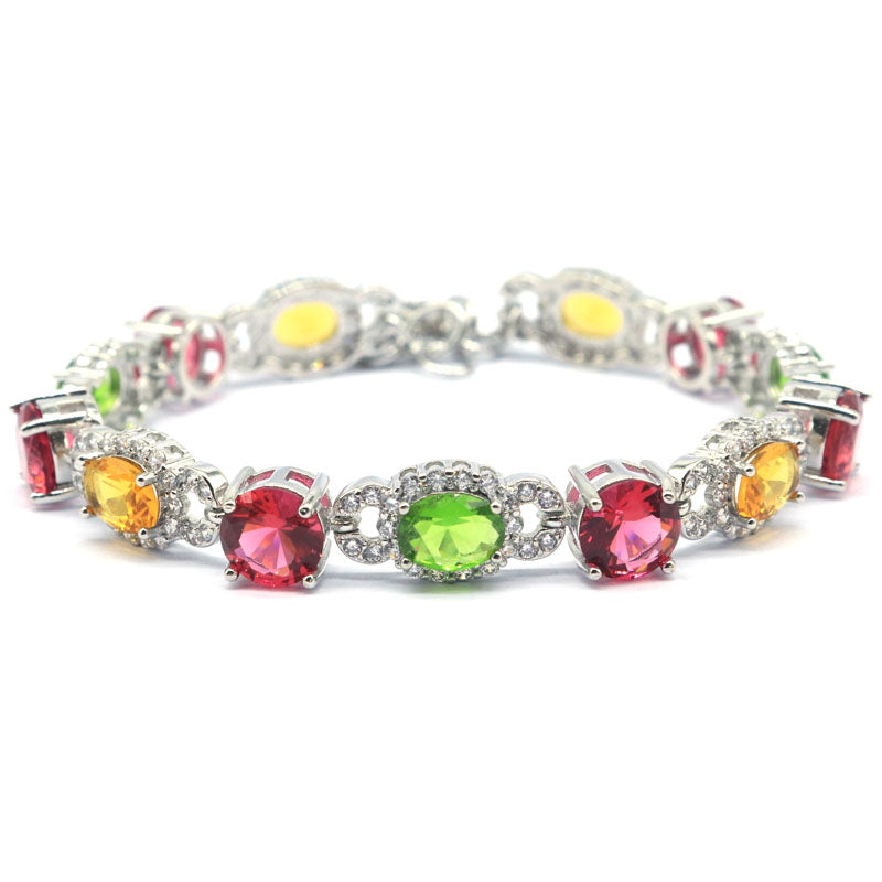 SheCrown Multi Color 16.8g Rhodolite Garnet Citrine Peridot Blue Sapphire Tanzanite CZ Women Silver Bracelet Length Size 8-9inch