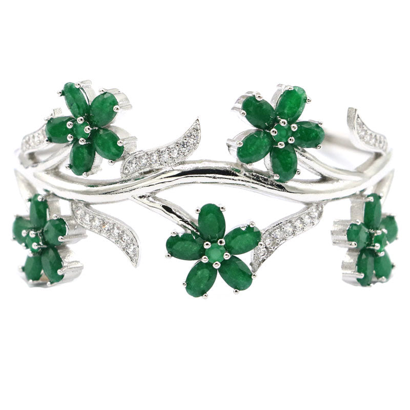 SheCrown 20g Flowers Shape Real Green Emerald Red Ruby Women Present Silver Cuff Bangle Bracelet Length Size 7.5inch