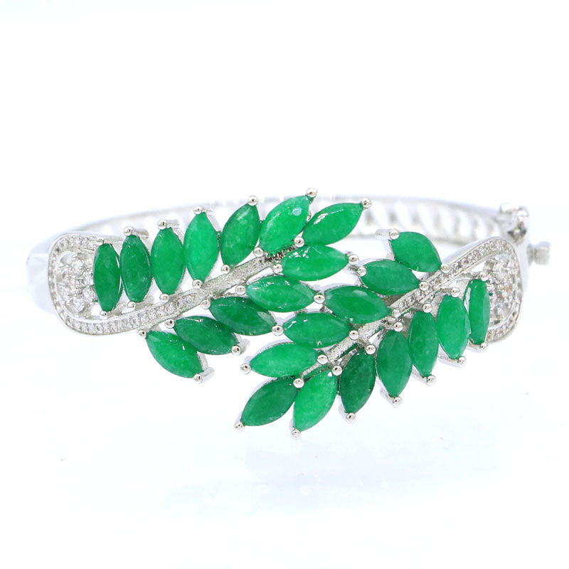 SheCrown 18g Laurel Leaf Real Green Emerald CZ Women Wedding Silver Bangle Bracelet Length Size 7.5inch