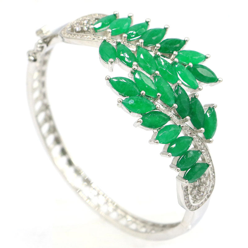 SheCrown 18g Laurel Leaf Real Green Emerald CZ Women Wedding Silver Bangle Bracelet Length Size 7.5inch