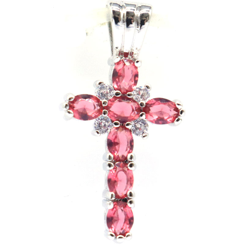 SheCrown 2.1g Cross Pink Raspberry Rhodolite Garnet Pendant - Divine Radiance Tanzanite CZ Ladies Gift Silver Pendant