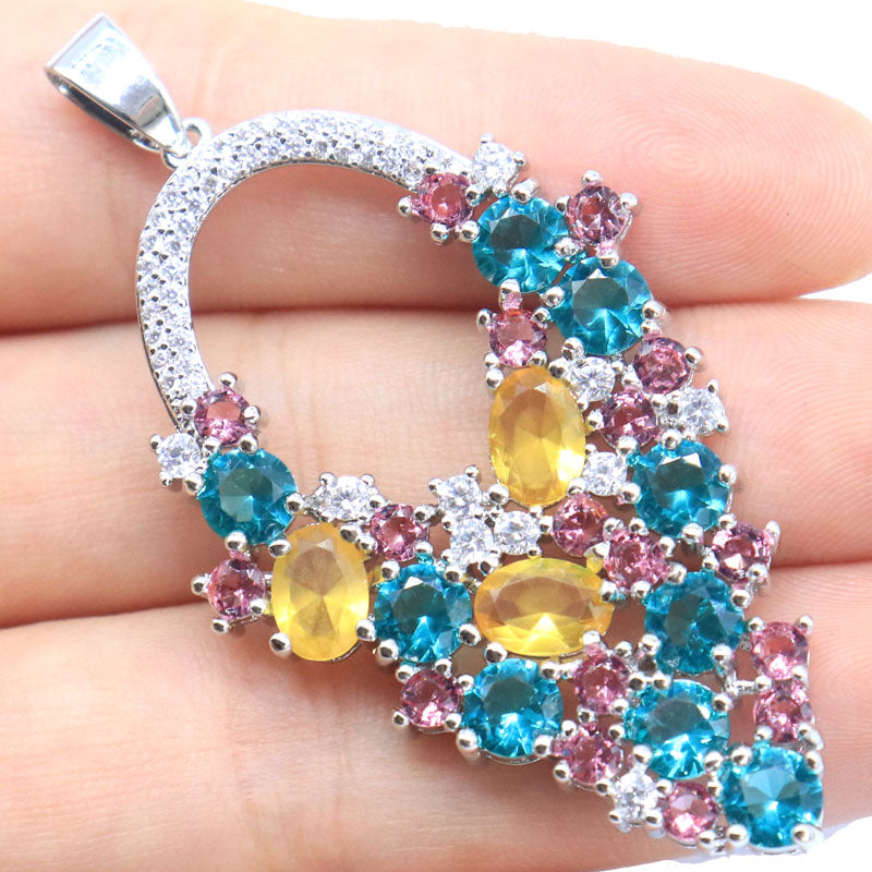 SheCrown 9.52g Big Heavy Multi Color Aquamarine Pik Tourmaline Golden Citrine Rubuy Pink Morganite CZ Silver Pendant