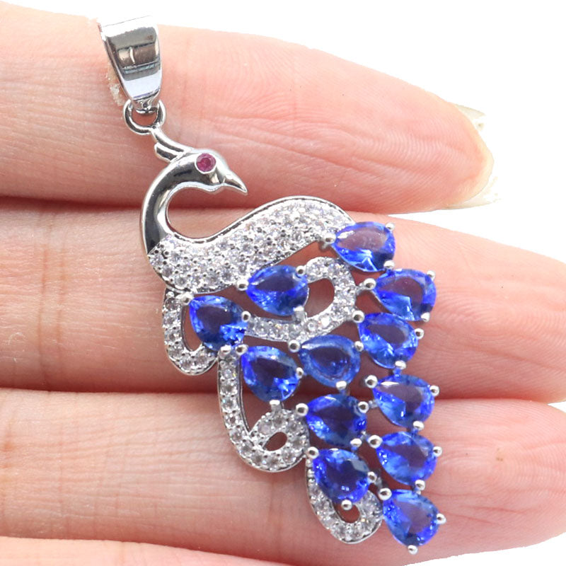 SheCrown 4.3g Deep Blue Sapphire Green Tsavorite Garnet Amethyst CZ Women Present Silver Pendant