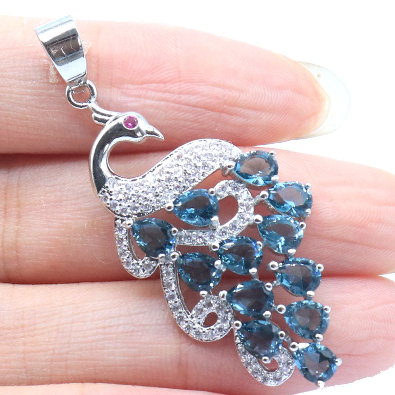 SheCrown 4.3g Peacock Shape London Blue Topaz Green Peridot Tanzanite CZ Women Silver Pendant