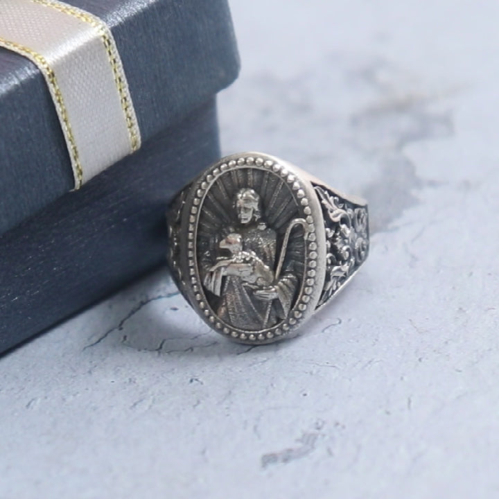 SheCrown 19g Jesus the Good Shepherd 925 Silver Ring – Divine Guardianship Real 925 Solid Sterling Silver Rings Many Sizes 7-13