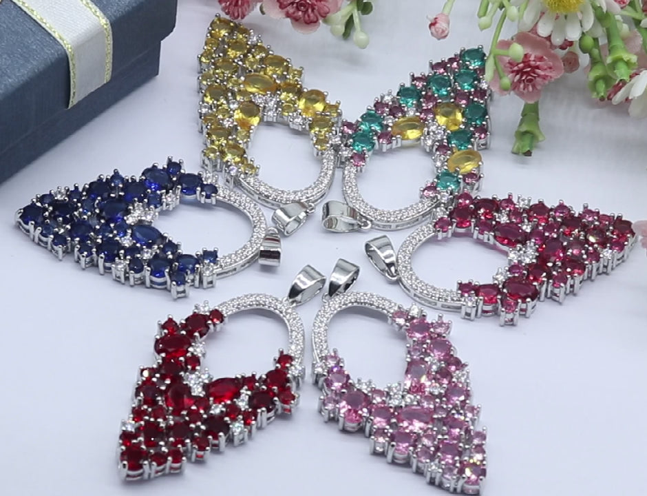 SheCrown 9.52g Big Heavy Multi Color Aquamarine Pik Tourmaline Golden Citrine Rubuy Pink Morganite CZ Silver Pendant